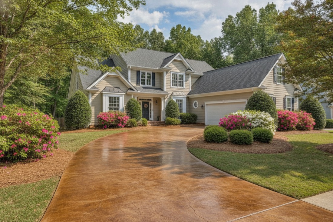Stained concrete driveway with a rich earth-tone finish leading up to a suburban Georgia home