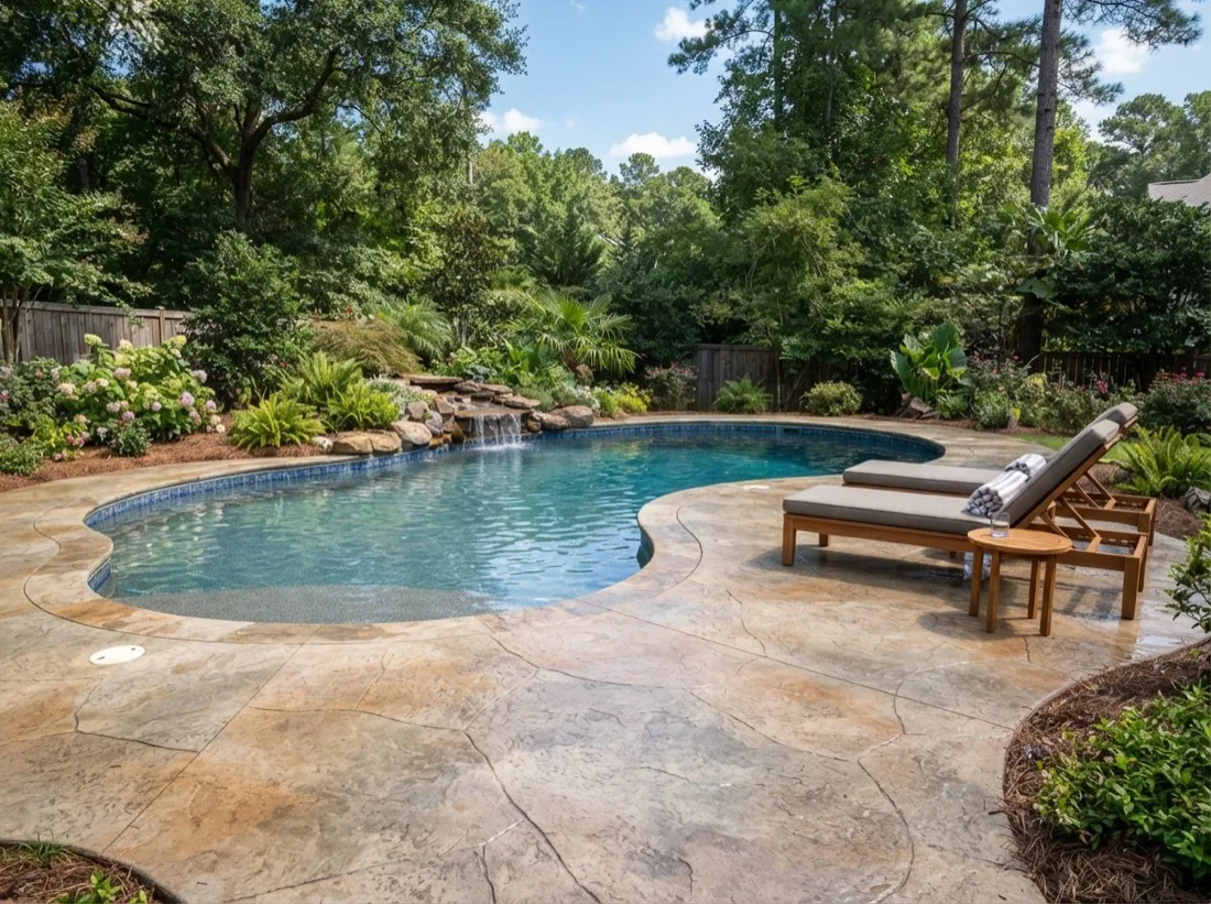 Stained concrete pool deck with a textured tan and grey finish in a Georgia backyard